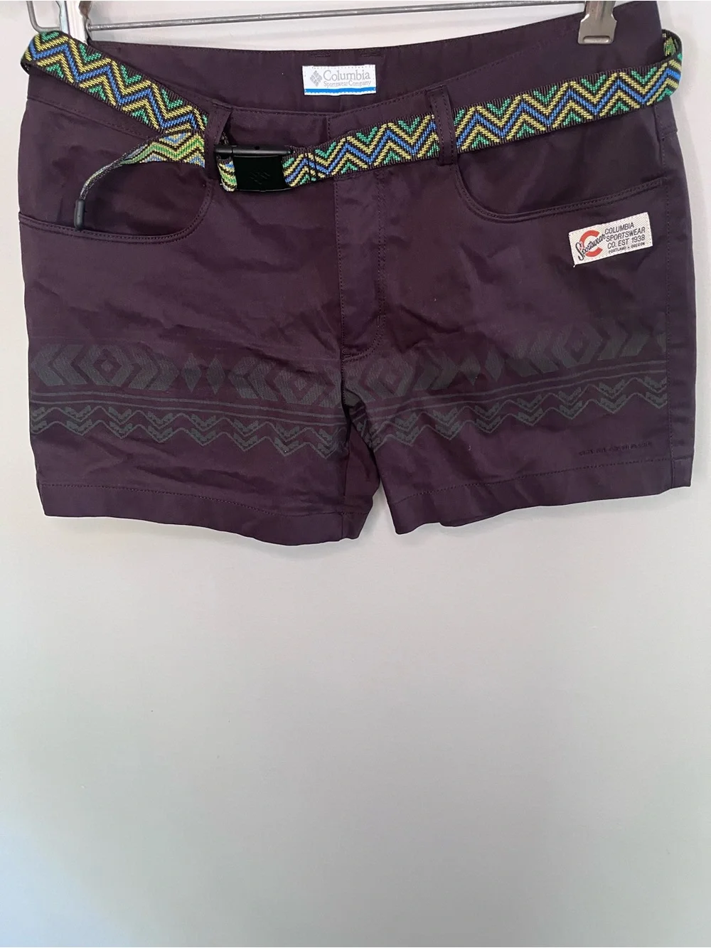 Columbia‎ Vintage Aztec Hiking Shorts Purple Omni-Shade Belted Womens 28